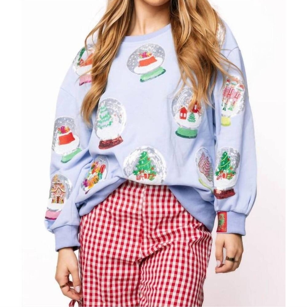 QUEEN OF SPARKLES Light Blue Festive Snow Globe Sweater